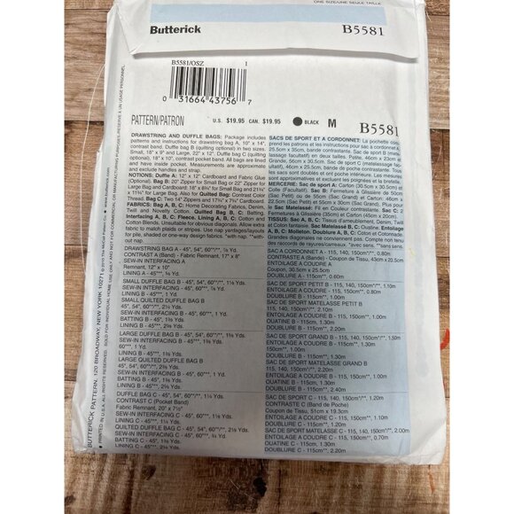 Butterick Sewing Pattern B5581 Duffle Bags Drawstring Tote Travel 5581 Waverly - Picture 2 of 2